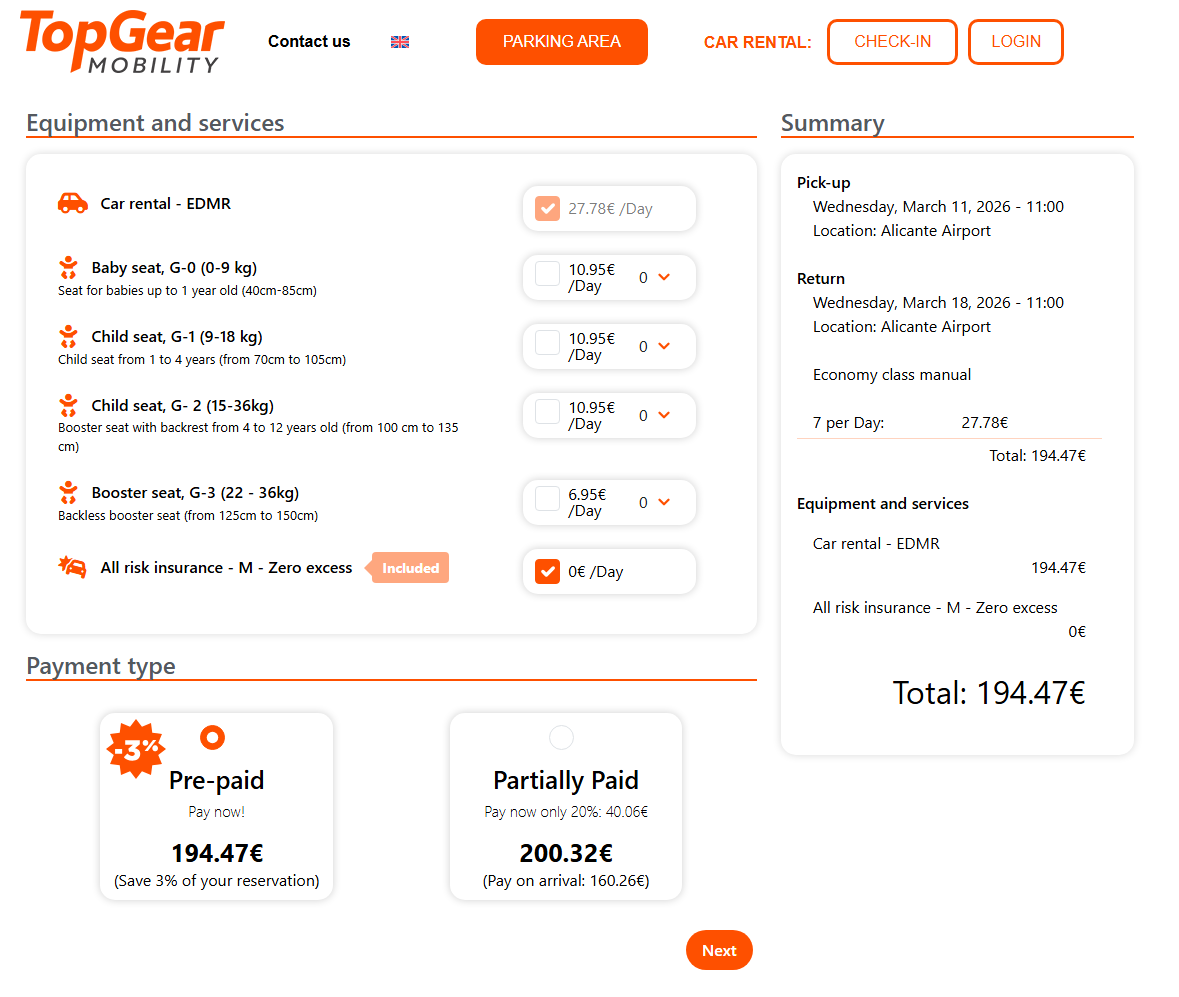 Selecting extras and payment