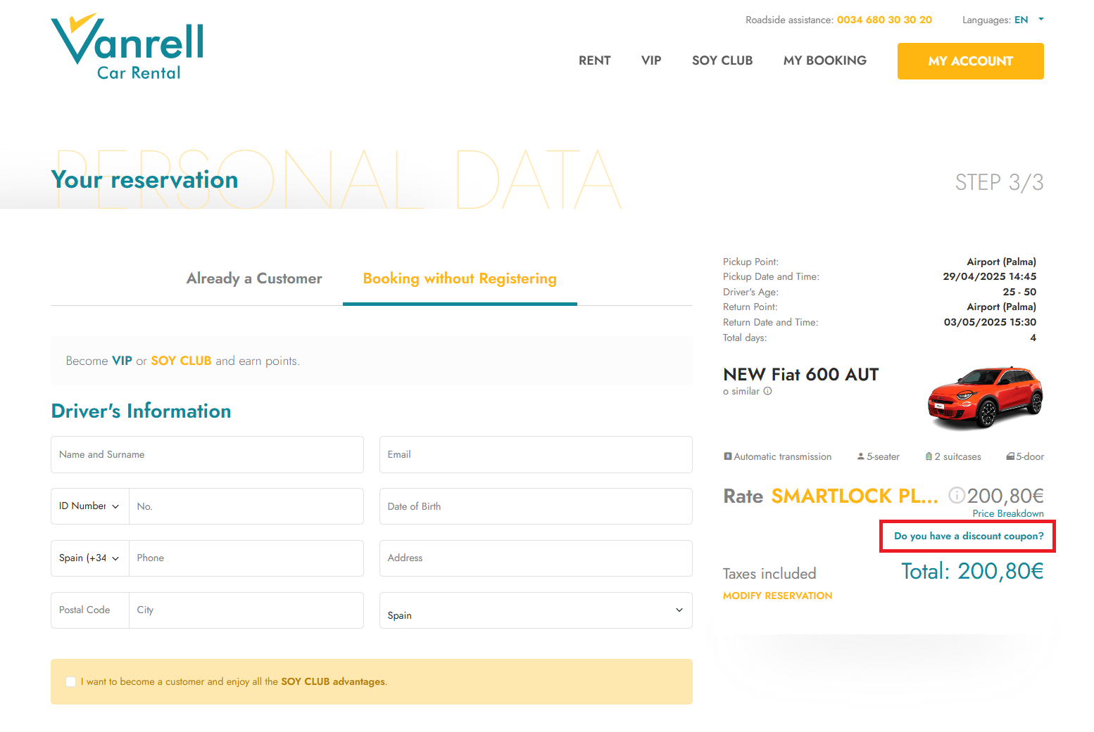 Registration, promo code and entering details